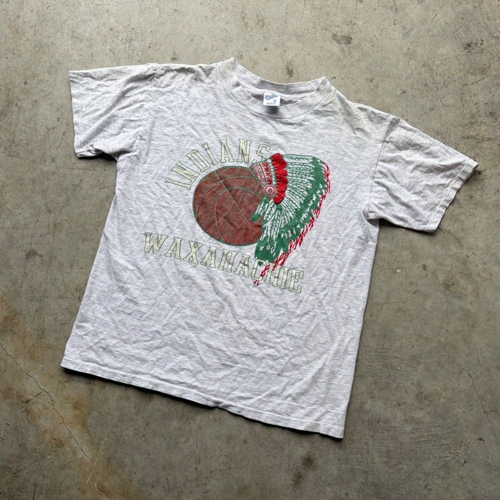 Vintage 90s Velva Sheen Waxahachie Indians Basketball T-Shirt Gray Mens Medium